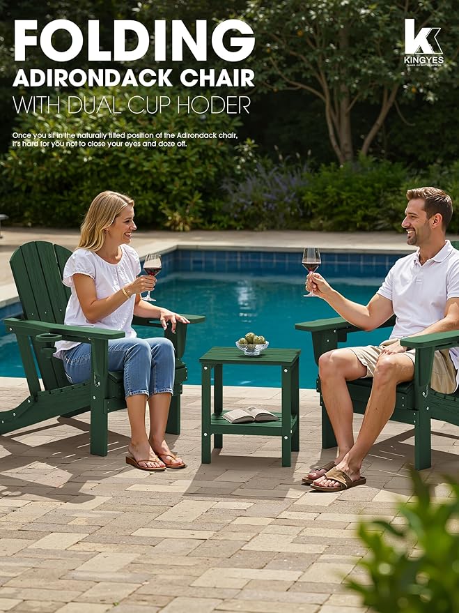 KINGYES Folding Adirondack Chair Set of 6, Dual Cup Holders & All-Weather HDPE, Wood-Like Patio Chair for Backyard, Camping, Pool & Fire Pit, Dark Green