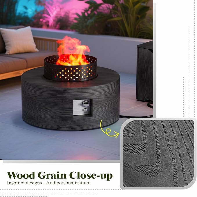 Dineli 2-Piece Outdoor Propane Fire Pit Table Set w Tank Table 30'' Round Fire Pit Table 2-in-1 Firepit Table for Outside Patio Gas Fire Pit, 50,000 BTU, Dark Gray with Wood Grain