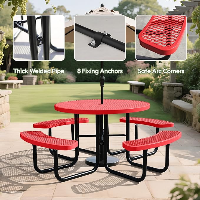 Sunnibety 8-Person Picnic Tables for Outdoors, Industrial 46" Expanded Metal Round Picnic Table with 4 Benches & Umbrella Hole, Outside Table and Bench Set for Park, Garden, Backyard, Patio, Red