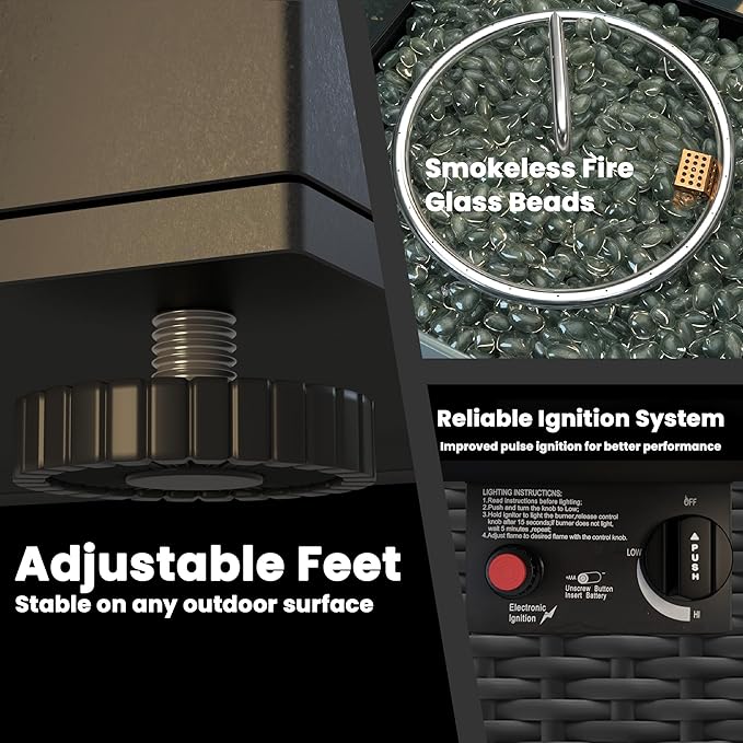 Propane Fire Pit Table, Outdoor Fire Pit Table, 28" Rattan Square Outdoor Gas Fire Pit with Glass Wind Guard, Tempered Glass Tabletop, Lid, CSA Listed, 50,000 BTU for Outside Patio Deck & Garden,Black