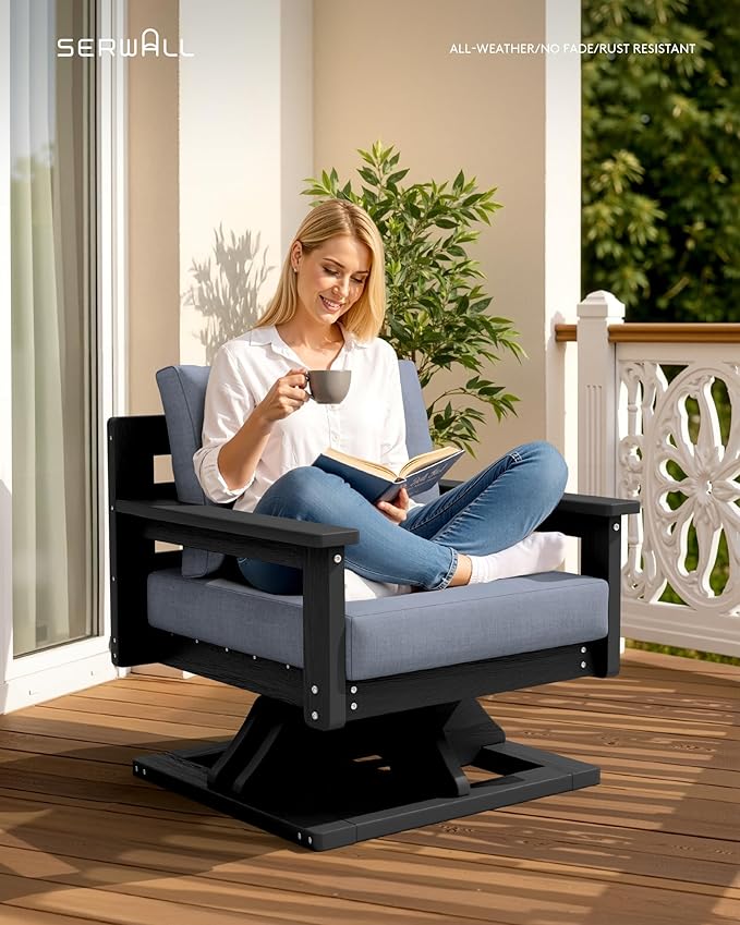 SERWALL Outdoor Swivel Chairs, HDPE All-Weather Patio Swivel Sofas with Thick Cushions for Porch, Balcony, Black Frame with Gray Cushions