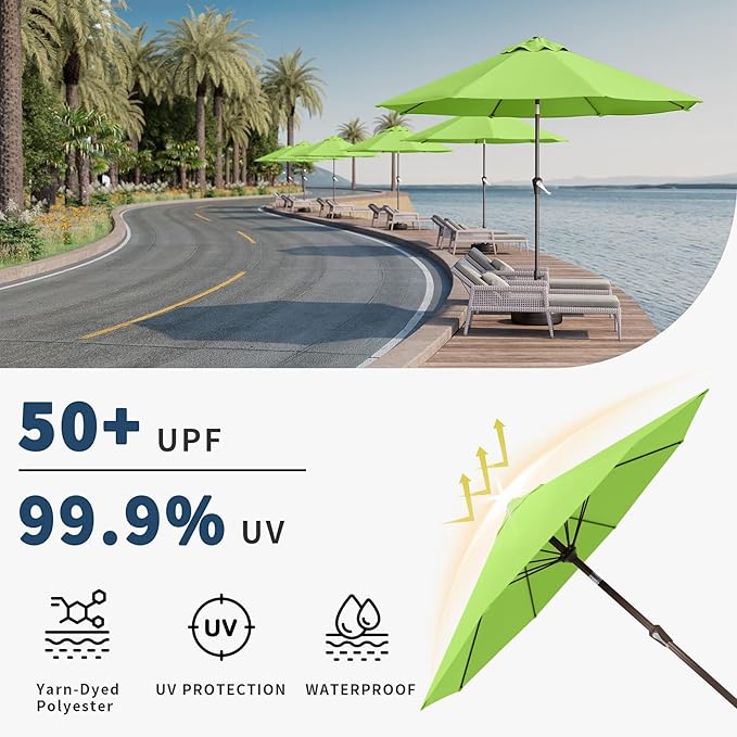 9FT Patio Umbrella Outdoor Table Umbrella w/Push Button Tilt and Crank, 8 Sturdy Ribs, UV Resistant Waterproof Market Umbrella for Pool, Deck, Backyard, Garden, Apple Green