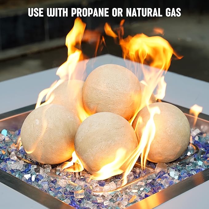 Stanbroil Ceramic Balls - 5” Round Fire Stones for Fire Pit Fire Bowl and Fireplace - Set of 6, Beige