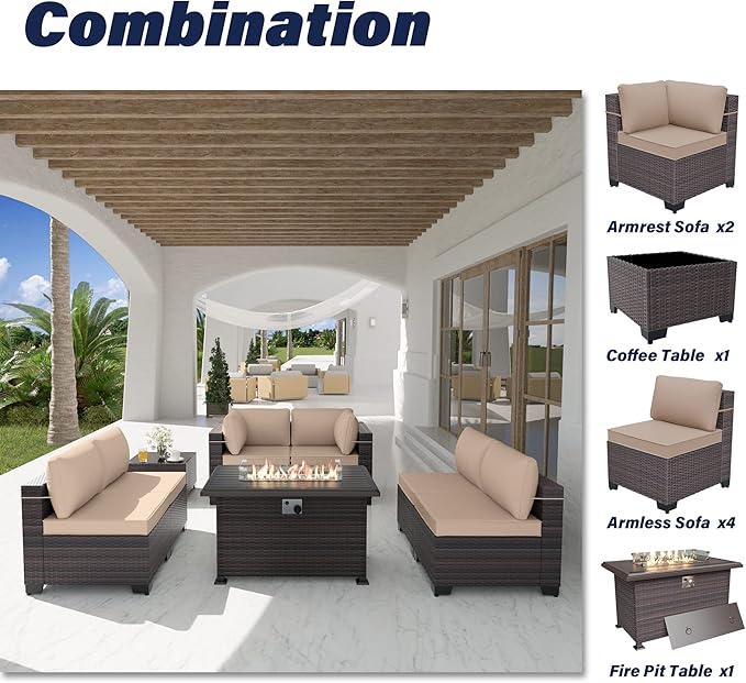 Kurapika 8 Pieces Patio Furniture Set, Rattan Wicker Outdoor Conversation Sets w/43in Propane Fire Pit Table and 4 Inch Cushion(Sand)