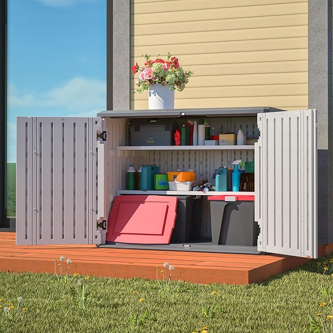 Outdoor Storage Shed Horizontal Plastic Shed W/Removable Shelf & Lockable Cabinet,Weather Resistance Foldable House W/Sloped Roof & Dual-Locking Mechanism,28 Cu.ft Garden Tool House,White