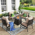 MFSTUDIO 5 Pieces Patio Conversation Sets, Outdoor Metal Furniture Sofas with 1 x 28 50,000 BTU Square Propane Fire Table and 4 x Wrought Iron Frame Sofa Chairs with Beige Cushion