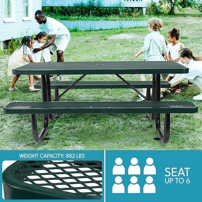 Phyfalip 6 ft. Rectangular Outdoor Steel Picnic Table with Umbrella Pole, Heavy-Duty Weather-Resistant Dining Table for Patio, Backyard, and Garden, Rust-Resistant Finish, Green