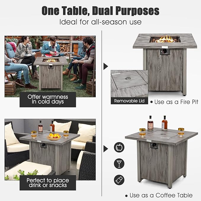 Giantex 28” Patio Fire Pit Table - 2-in-1 40,000 BTU Gas Square Fire Table with Lid & Lava Rocks, Metal Frame, PVC Protective Cover, CSA Certificated Propane Fire Pits for Outside, Poolside, Backyard