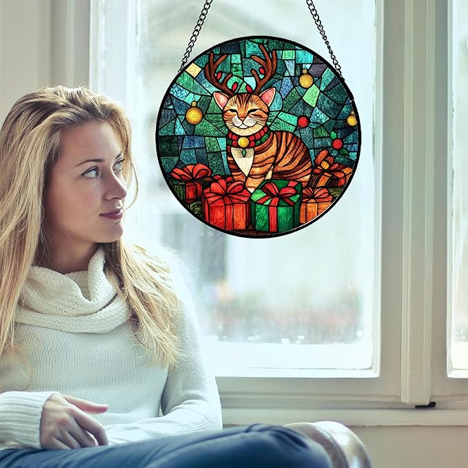 CRISGIF Stained Glass Window Hanging Cat with Elk Antlers Large 11.8" - Suncatcher Door Garden Sun Catcher Home Decor Birthday Christmas for Lost Pets Mom Men Woman Nana
