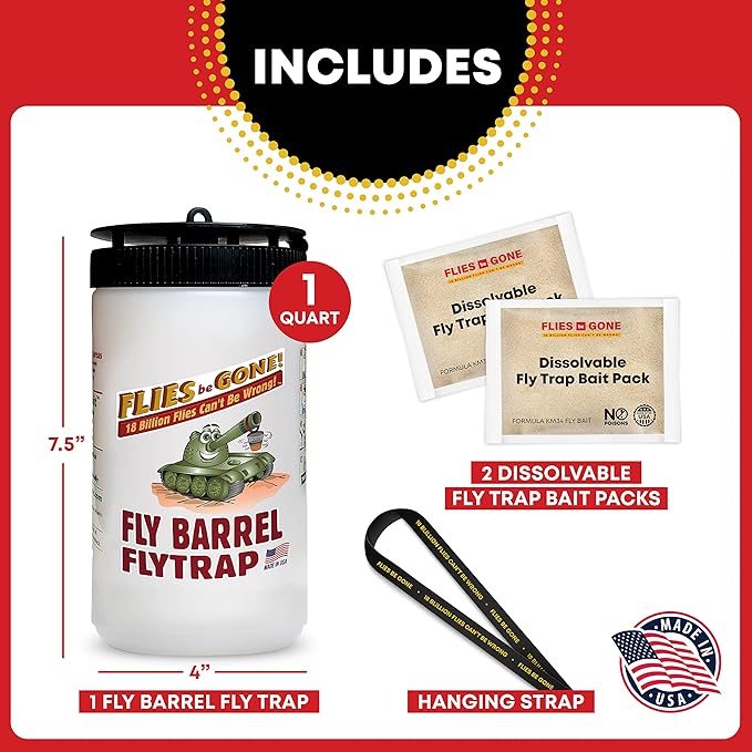 Flies Be Gone Outdoor Fly Trap Reusable – with 2 Dissolvable Fly Attractant Refill Packets & 1 Suspension Strap - Best Non-Toxic Catcher for Your patios, Home and Commercial Use