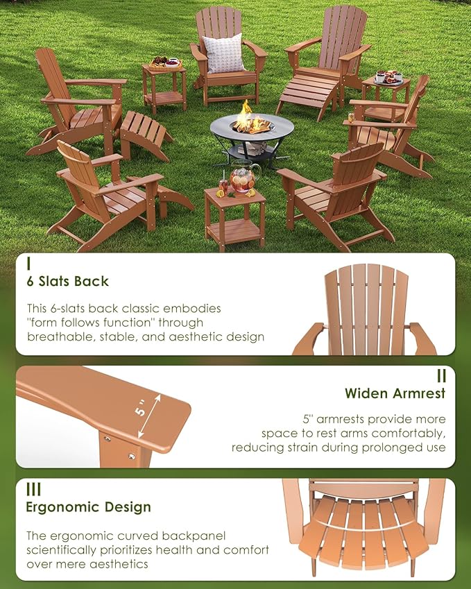 GREENVINES Adirondack Chairs Set of 4 | HDPE Plastic | All Weather | Oversized Fire Pit Chair | Teak | Poly Lumber | for Outdoor Deck Backyard Patio Garden