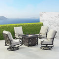 Oakland Living Black Aluminum Patio Fire Table Set with Four Club Chairs, Cushions and Wind Blocker