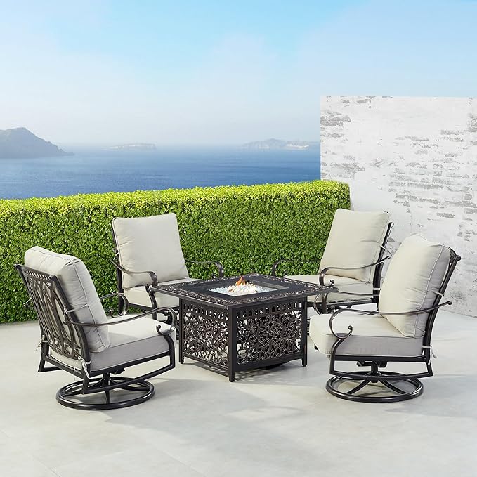 Oakland Living Black Aluminum Patio Fire Table Set with Four Club Chairs, Cushions and Wind Blocker