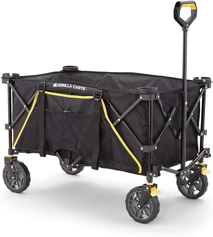 Gorilla Carts Collapsible Folding Outdoor Utility Wagon, 7 Cu Ft Oversized Bed, 150 lb Load Rating, Black – Foldable Rolling Cart w/ Pockets & Cup Holders for Beach, Camping, Sports or Picnic