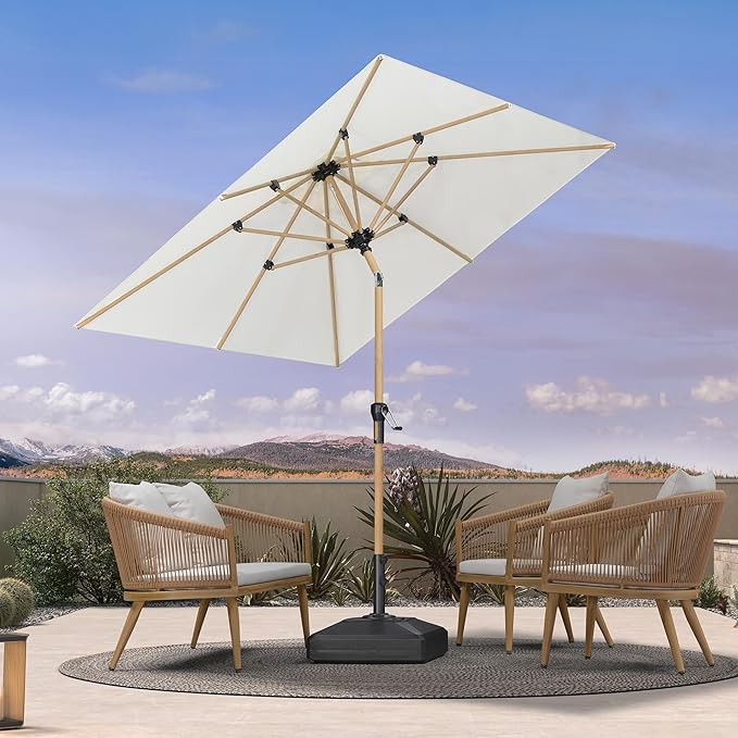 PURPLE LEAF 6.5' x 6.5' Patio Umbrella with Base Square Outdoor Table Umbrella Market Umbrella with Push Button Tilt & Crank and 8 Ribs Aluminum Outdoor Umbrella for Pool Backyard Beach, Cream