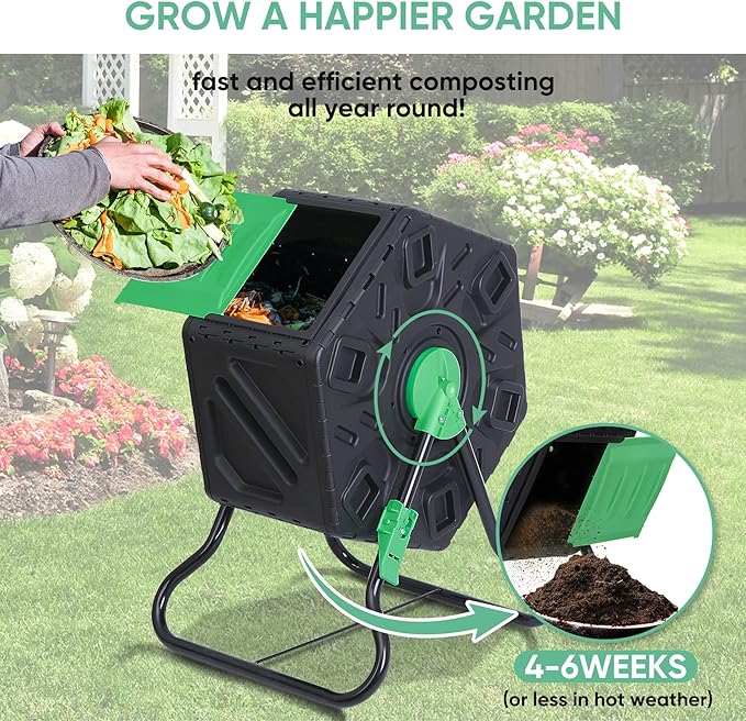 BBBuy Compost Bin Tumbling Composter Rotating w/Sliding Doors Compost Bin, Single Chamber Heavy Duty Outdoor Gardening Composting Tumblers Garden Yard (18.5 Gallon, Black)