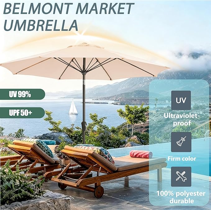 9FT Large Outdoor Patio Umbrella Market Table Umbrella-UV Resistant, Easy Push Button Tilt and Crank, 8 Sturdy Ribs Heavy-Duty Pool Umbrella for Deck, Backyard,Garden,Beige