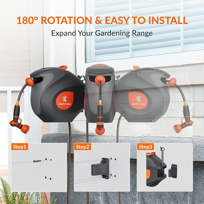 Giraffe Tools BW30 Retractable Garden Hose Reel 100ft x 1/2”, Wall-Mounted Automatic Water Hose Reel with 9 Pattern Nozzles for Outside Use