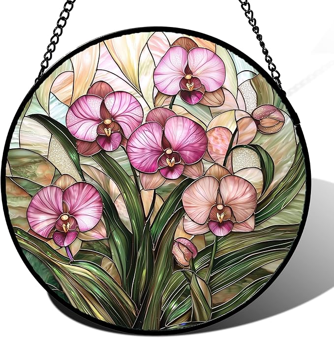 AMDERVEN Stained Glass Window Hanging - Pink Phalaenopsis Orchid Green Leaves Sun Catcher for Door Home Decor Flower Suncatcher Christmas Mother's Day Birthday Gifts for Women Men Mom Nana 6.3 in