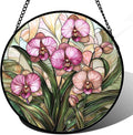 AMDERVEN Stained Glass Window Hanging - Pink Phalaenopsis Orchid Green Leaves Sun Catcher for Door Home Decor Flower Suncatcher Christmas Mother's Day Birthday Gifts for Women Men Mom Nana 6.3 in