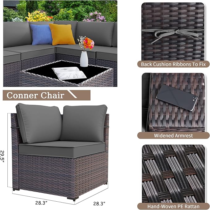 Kurapika 6 Pieces Patio Furniture Set, Rattan Outdoor Conversation Sets w/4 Inch Cushion and Glass Coffee Table(Grey)