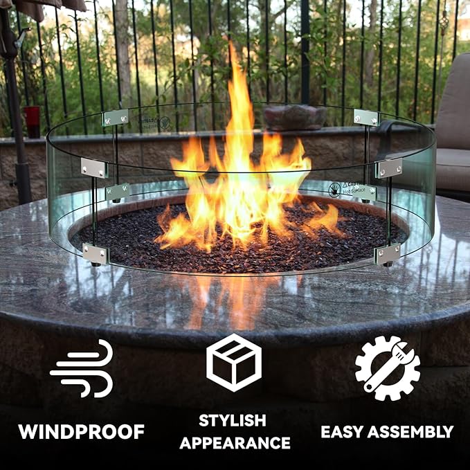 Skyflame 47" Round Fire Pit Glass Wind Guard, Thick & Clear Tempered Glass Fire-Resistant Wind Screens with Bracket & Feet, for Outdoor Fire Table/Fire Pit Pan