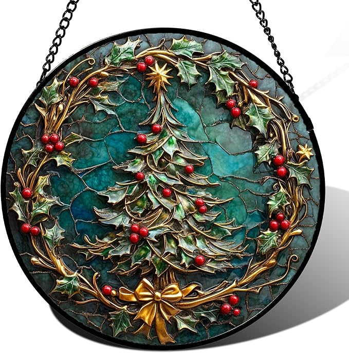 DASTOLL Stained Glass Window Hangings - Red Gold Green Wreath Suncatcher for Door Home Christmas Tree Decoration Sun Catcher Thanksgiving New Year Birthday Gift for Women Men Mom Grandma 7.8 in