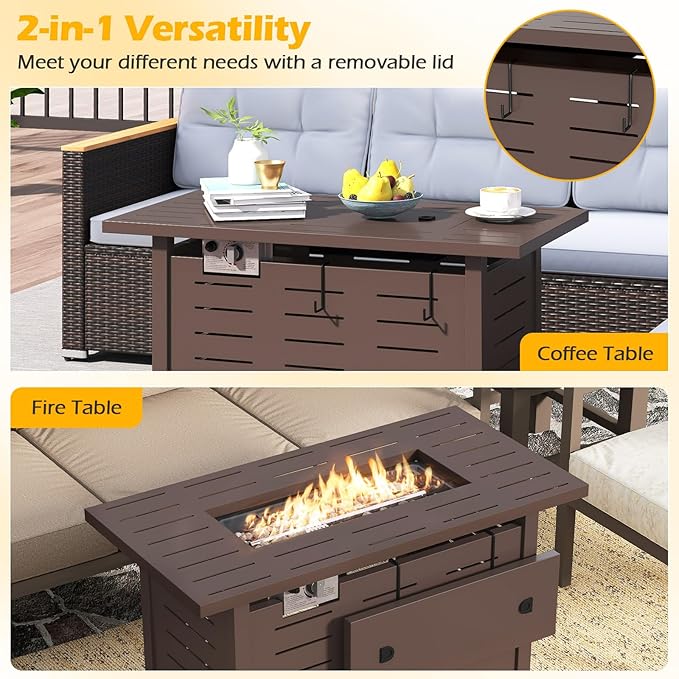 Tangkula Outdoor Propane Fire Pit Table, 40 Inch ETL Certified Outside Rectangle Gas Fire Table with Lava Rocks, Removable Lid and Protective Cover for Patio, Garden, Deck and Backyard (Brown)