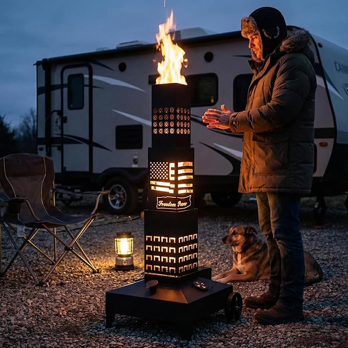 51" Smudge Pot Heater with Wheels, 7-Gallon Waste Oil Patio Heater,Heavy-Duty Steel Pyramid Design,Portable Fireplace for Backyard, Porch, Patio and Garden(Banner)