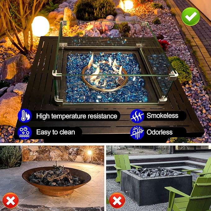 GasSaf Caribbean Blue Fire Glass Cubes for Outdoor Fire Pit, Fireplace, Replaces Existing Gas Logs & Lava Rocks, 1 Inch Glass(20 Pound)(Caribbean Blue Luster)