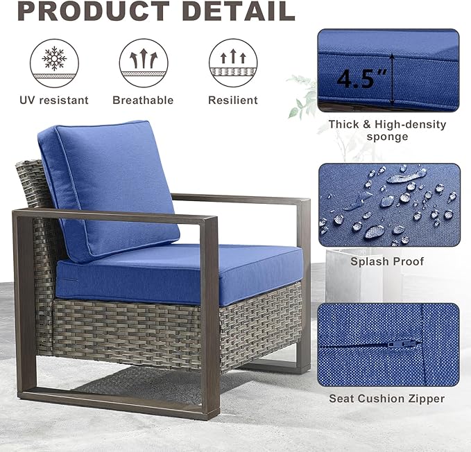 Rilyson Outdoor Wicker Patio Furniture Set - 5 Piece Patio Conversation Set with 2 Wicker Armrest Chairs,2 Rattan Ottoman, 1 Side Table, Sturdy Frame, Thick Cushions, Deep Seating(Mixed Grey/Blue)