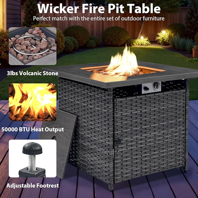 Outdoor Swivel Rocker Chairs Set of 4 with Fire Pit Table - 5 Peice Wicker Patio Furniture Set Conversation Set with 50,000 BTU Fire Pit for Deck Backyard - Grey Wicker Beige Cushion