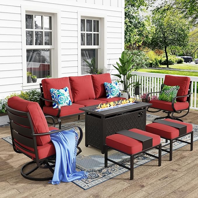 MFSTUDIO 6 Pieces Patio Furniture Sets with 45" Gas Fire Pit Table(Up to 7 Seat),Outdoor Metal Frame Patio Conversation Sofas with 1 x 3-Seat Sofa, 2 Swivel Chairs and 2 Ottoman, Burgundy Cushion