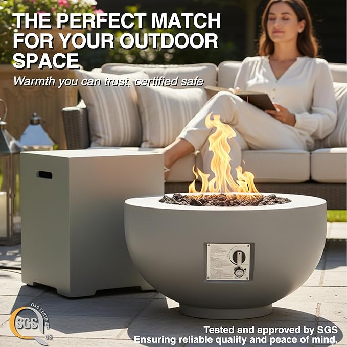 28-inch Round Fire Pit Table with Propane Tank Table,Set-2-Piece,Light Concrete Fire Pit Bowl with Free Lava Rocks, Rain Cover and Burner Lid, for Outside Patio, Garden, Deck, Light Grey