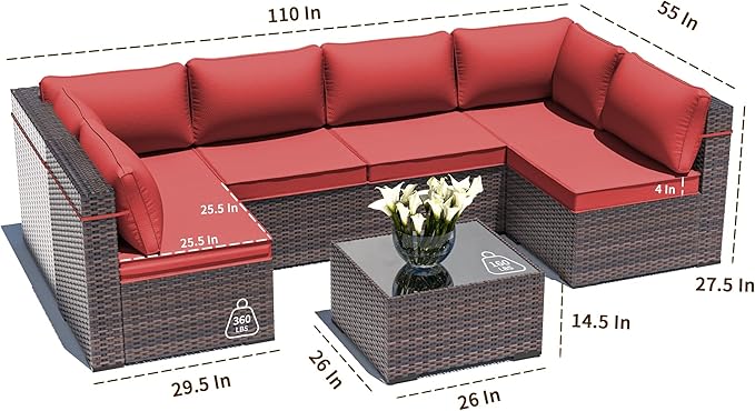 Outdoor Patio Furniture Set, 7 Pieces Outdoor Sectional Furniture Patio Sofa, All-Weather PE Rattan Patio Conversation Set with Tempered Glass Top Table & Cushions(Red).