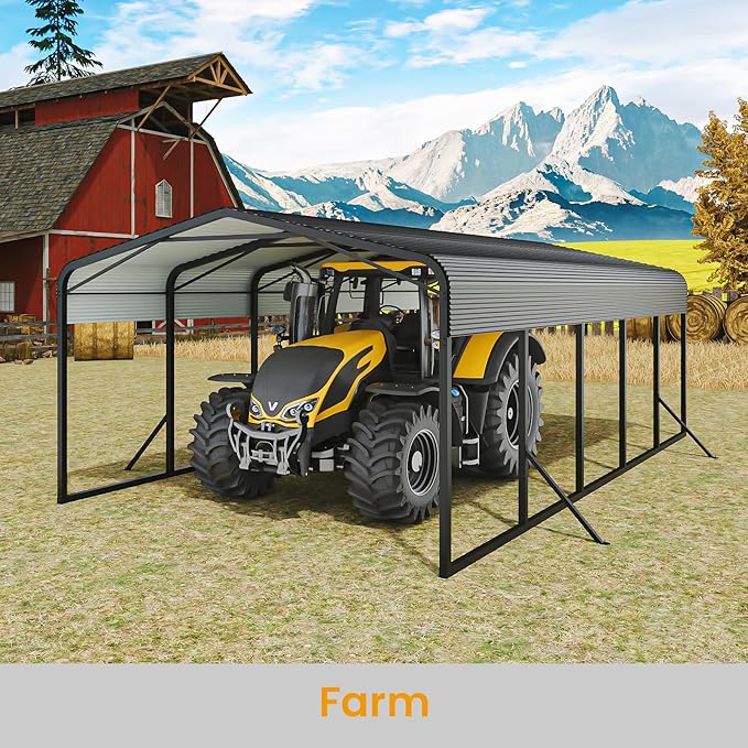 Unovivy 15x25 FT Metal Carport, Large Outdoor Heavy Duty Carport with Galvanized Steel Roof and 4 Support Feet, Spacious Vehicle Shelter for Cars, Boats, RVs, and Outdoor Equipment