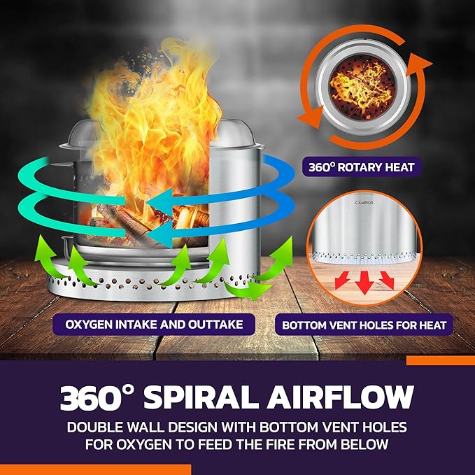 Smokeless Fire Pit, 18" Portable 304 Stainless Steel Outdoor Stove with 360° Airflow Design, Removable Ash Pan, Easy Setup, for Backyard, Camping, and Garden Gathering, Wood Burning Fire Pit
