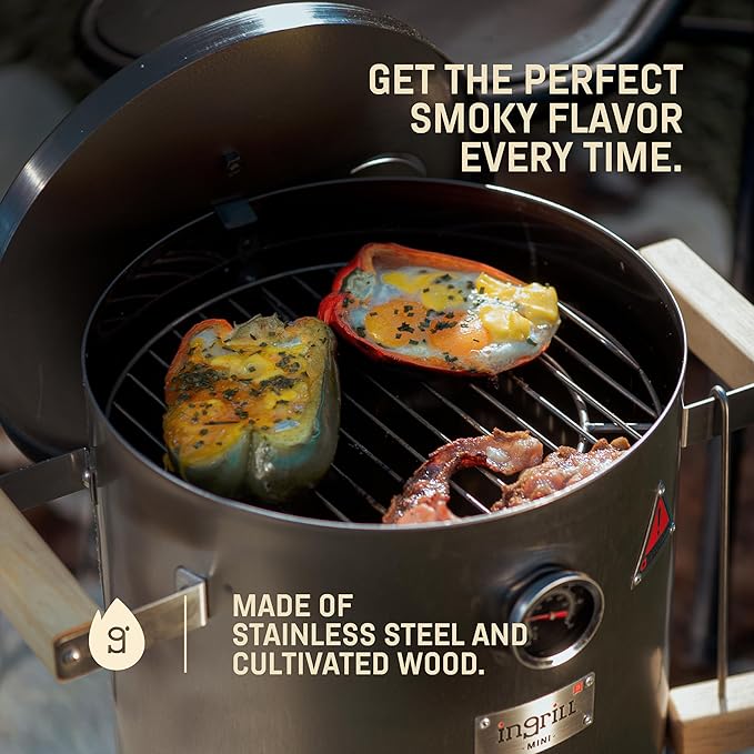 INGRILL Charcoal Grills - Basic Mini 6 lbs - 3-in-1 Stainless Steel Ultra-Portable Smoker Grill for Outdoors, Camping and Home BBQ - Compact Vertical Smoker Barrel Grill with Thermometer & Accessories
