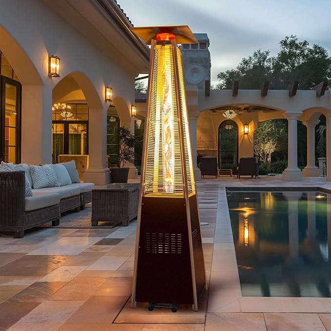 48,000 BTU Flame Pyramid Pool Heater With Cover, Triple Safety Protection Portable Patio Heater with Patio Cover, Warm Glass Tube with Durable Wheels-Brown