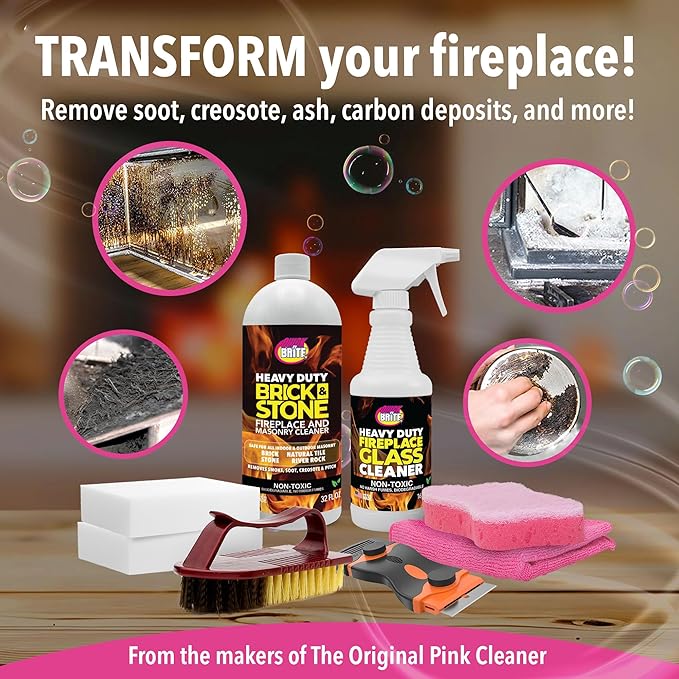 Quick 'n Brite Fireplace Cleaning Kit – Includes 16 oz Fireplace Glass Cleaner, 32 oz Gel Fireplace Cleaner, Scrub Brush, Sponge and Microfiber Towel