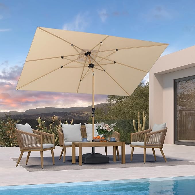 PURPLE LEAF 6.5' x 10' Outdoor Umbrella with Base Patio Umbrella Rectangular Outdoor Table Umbrella with Push Button Tilt & Crank and 8 Ribs Aluminum Market Umbrella for Backyard Deck, Beige