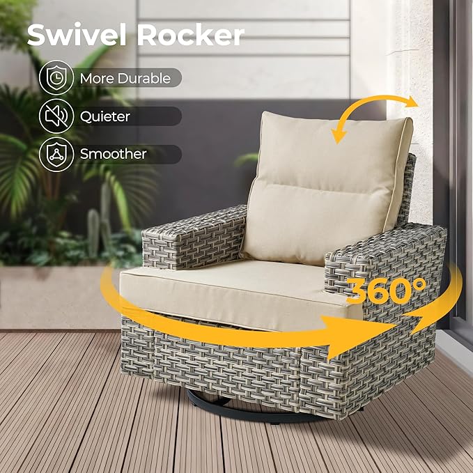 HOOOWOOO Outdoor Sectional Patio Furniture Set with Fire Pit Table,10 Pieces Wicker Conversation Sets L Shaped Couch,Extra Deep Out Door Sofa Outside Furniture with Swivel Rocking Chairs,Beige