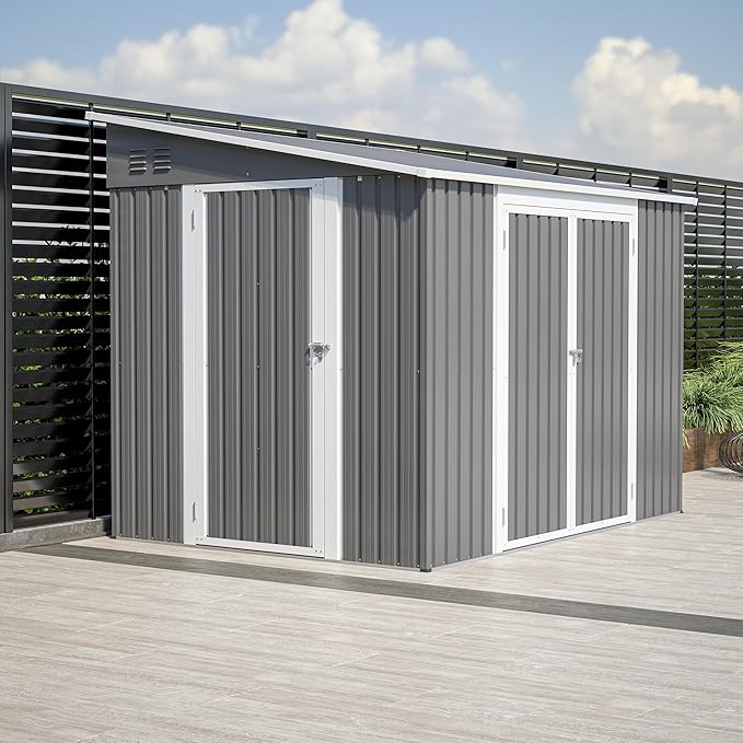 8x6 FT Metal Outdoor Storage Shed with Adjustable Side Door & Lockable Double Doors, Aluminum Frame, Waterproof Tool Shed with Floor Frame, Durable Garden Storage for Backyard & Patio
