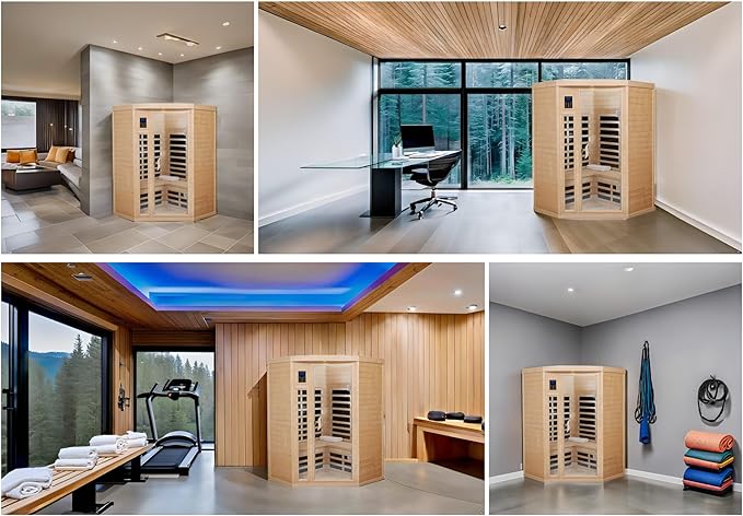 Far Infrared Sauna Low EMF Wooden Saunas for Home, 2-3 Person Indoor Home Saunabox, 1600watt Canadian Hemlock Sauna Room with Blue-Tooth, LCD, 10 Minutes Pre-Warm up