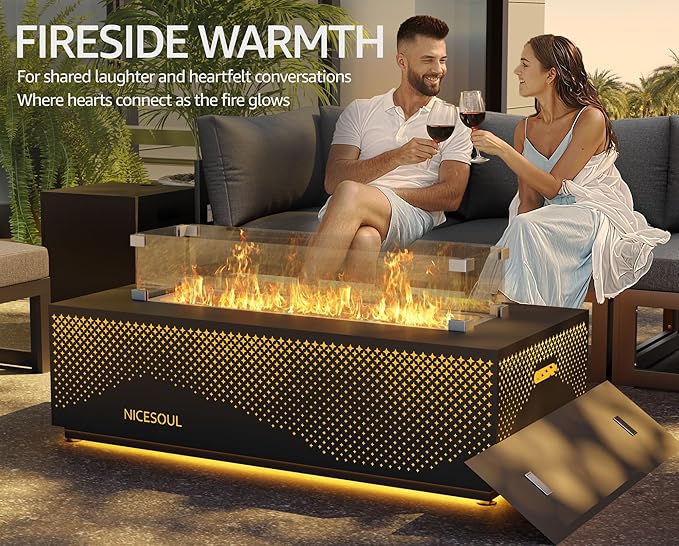 NICESOUL 42'' Outdoor Propane/Natural Gas Fire Pit Table, Rectangle Patio Firepits with Hidden Tank Table, 50000 BTU Modern Fireplace with LED Star Light for Outside Backyard, CSA Certified, Gray