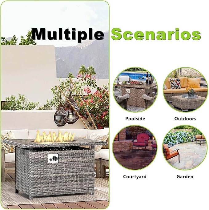 Aoxun 40" Propane Fire Pit 50,000 BTU Outdoor Wicker Fire Table with Wood-grainTabletop Patio Rectangular 2-in-1 Gas Fire Pit Table with Firepit Lid and Waterproof Cover（Gray）