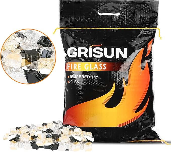 GRISUN 20 Pounds Fire Glass for Fire Pit - 1/2 inch High Luster Reflective Tempered Glass Rocks, Decorative for Natural or Propane Fireplace, Blend of Ultra Clear, Gold, Black