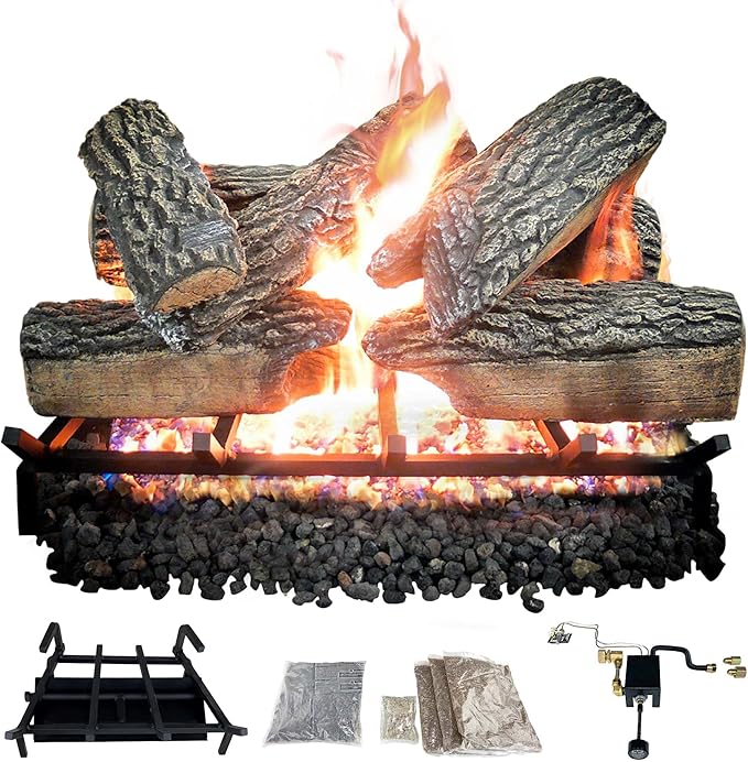 24" Premium Gas Logs - Safety Pilot Light Kit Included - for Liquid Propane Vented Fireplaces - Blazing Oak Design (Logs + Safety Pilot Light Kit)