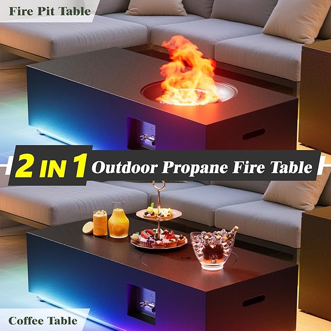Dineli 2-Piece Outdoor Propane Fire Pit Table Set w Tank Table 48'' Rectangular Firepit Gas Fire Pits for Outside Patio Tabletop Fire Pits w LED, 50,000 BTU (Black with RGB Light)