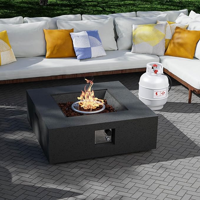 SUNBURY Outdoor Travertine Fire Pit Table, 35 inches Square Propane Gas Patio Fire Pit 50,000 BTU Concrete, Low Firepit Table with Lava Rocks, Waterproof Cover, Grey